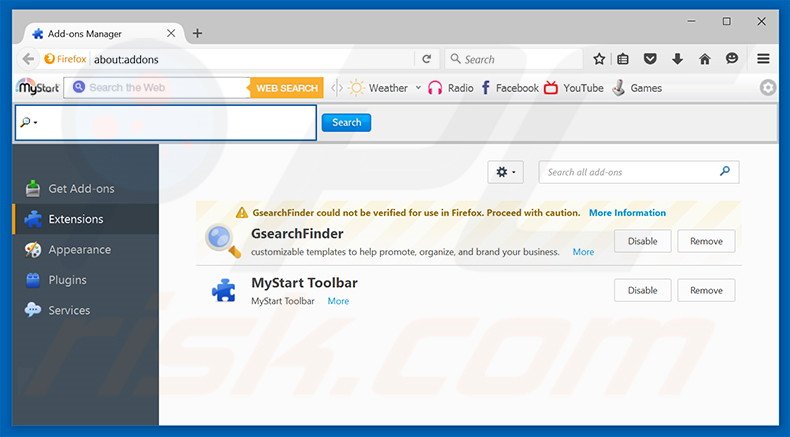 Removing destructsrv.com related Mozilla Firefox extensions