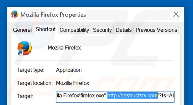 Removing destructsrv.com from Mozilla Firefox shortcut target step 2