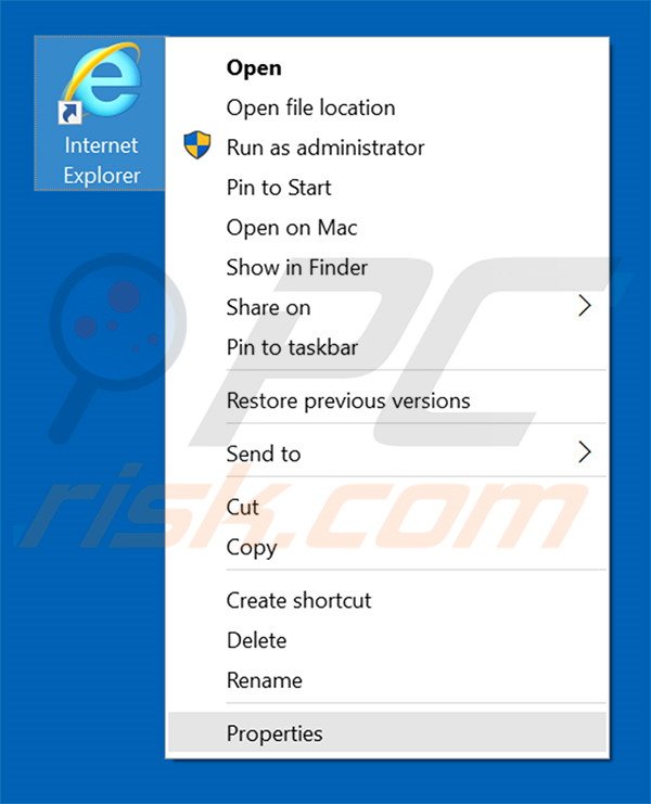 Removing destructsrv.com from Internet Explorer shortcut target step 1