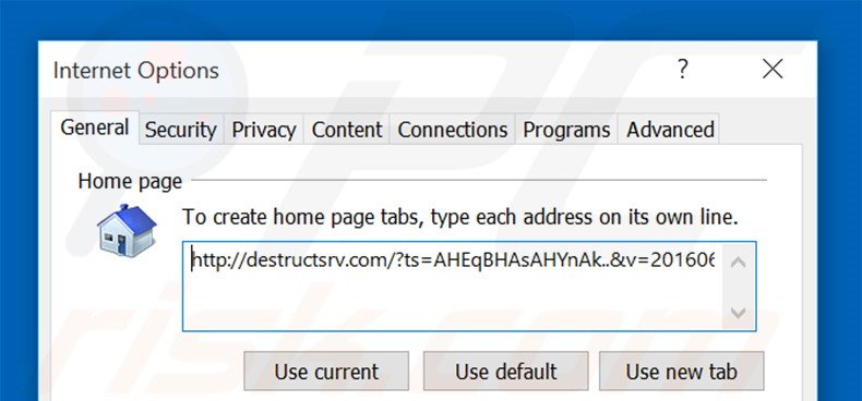 Removing destructsrv.com from Internet Explorer homepage