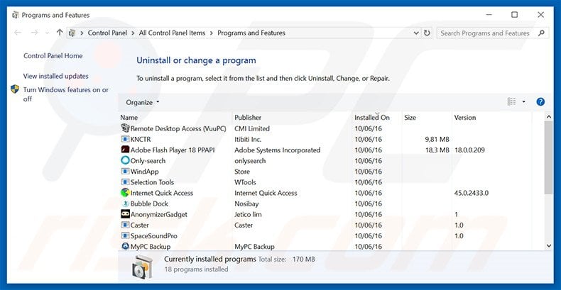 destructsrv.com browser hijacker uninstall via Control Panel