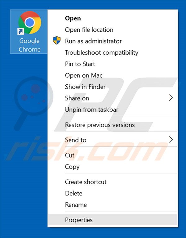 Removing docksearch.net from Google Chrome shortcut target step 1