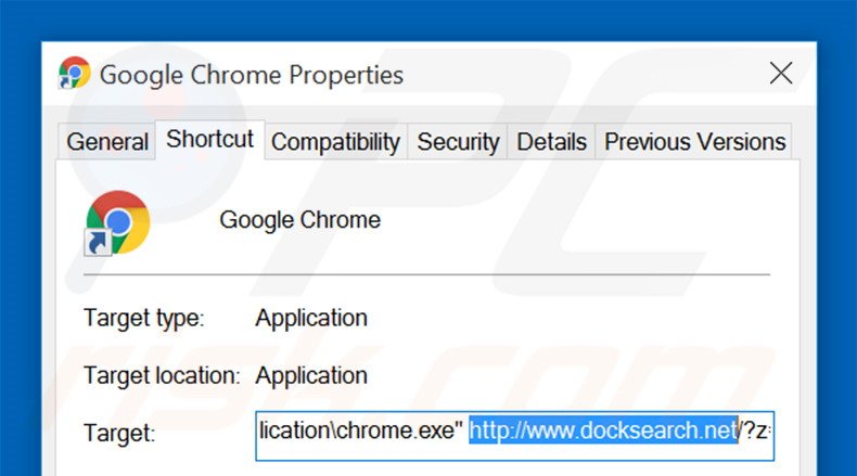Removing docksearch.net from Google Chrome shortcut target step 2