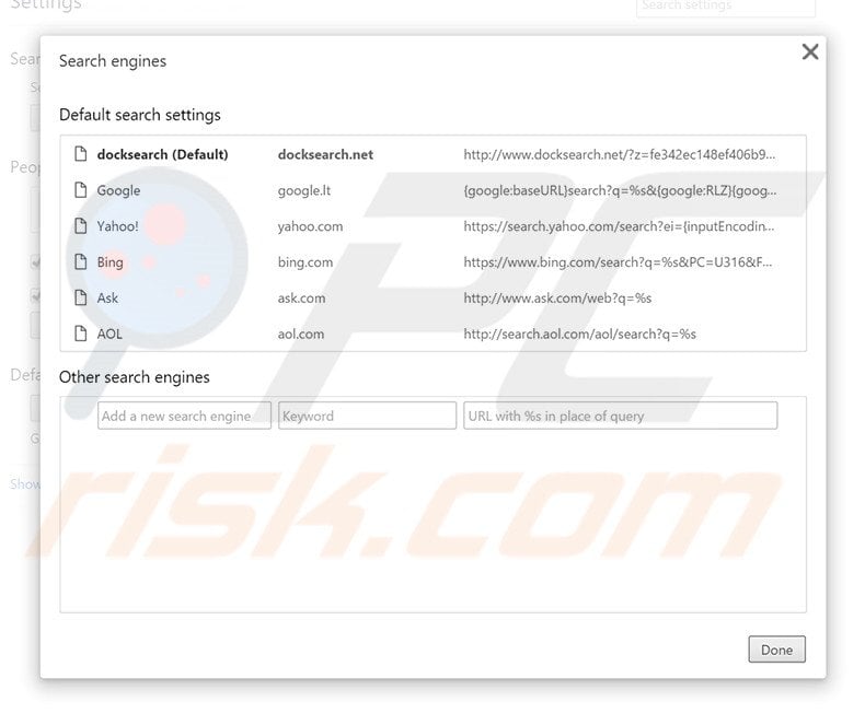 Removing docksearch.net from Google Chrome default search engine