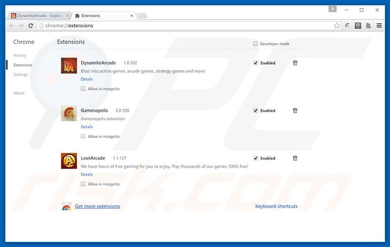Removing DynamiteArcade ads from Google Chrome step 2