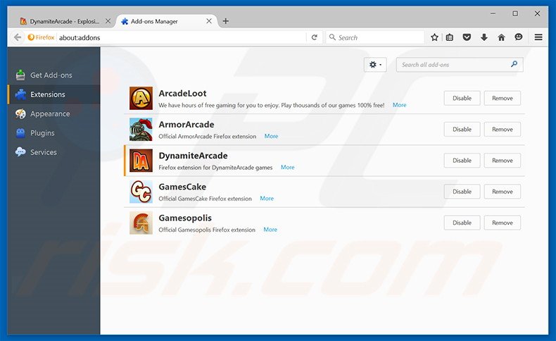 Removing DynamiteArcade ads from Mozilla Firefox step 2