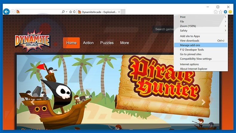 Removing DynamiteArcade ads from Internet Explorer step 1