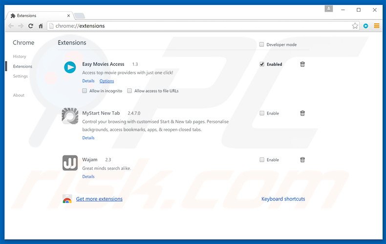 Removing search.easymoviesaccess.com related Google Chrome extensions