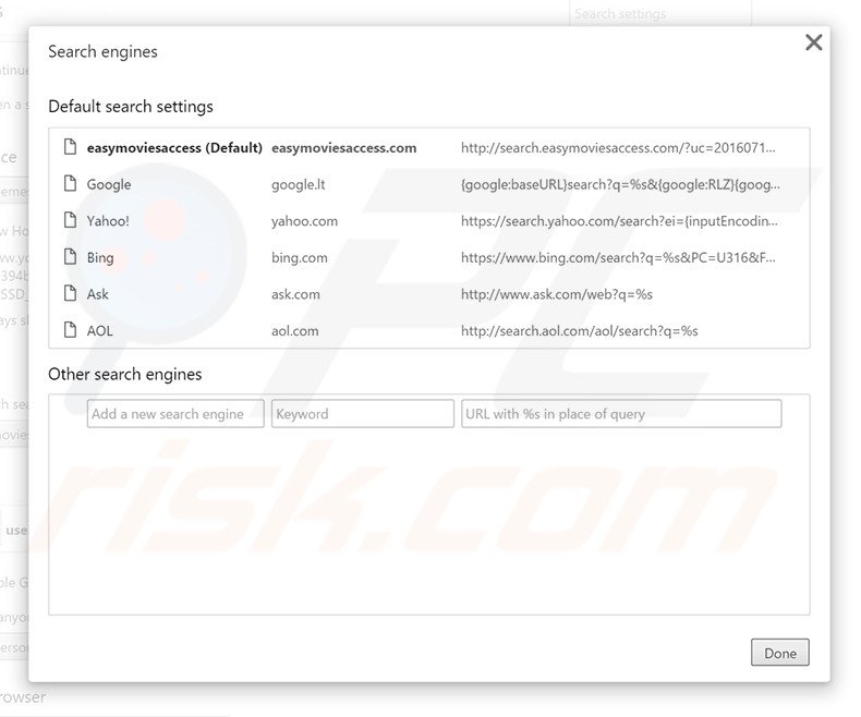 Removing search.easymoviesaccess.com from Google Chrome default search engine