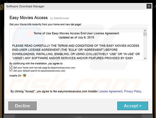 Official Easy Movies Access browser hijacker installation setup