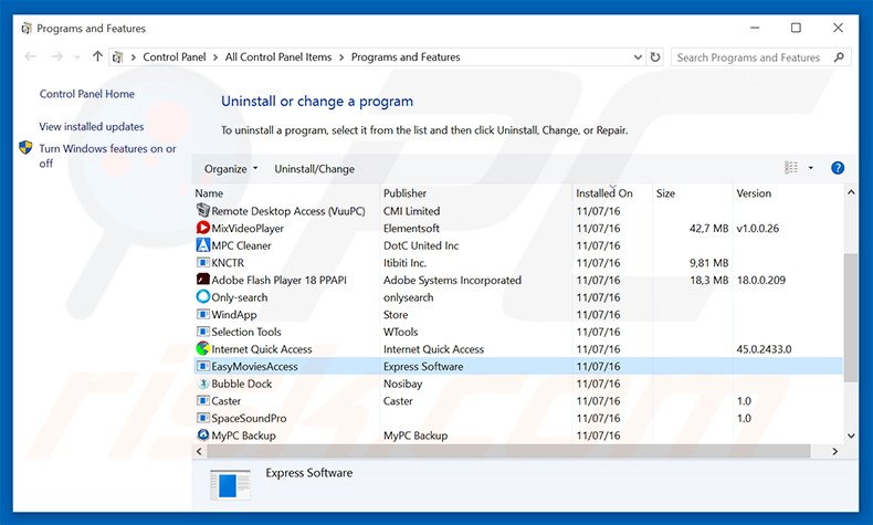 search.easymoviesaccess.com browser hijacker uninstall via Control Panel