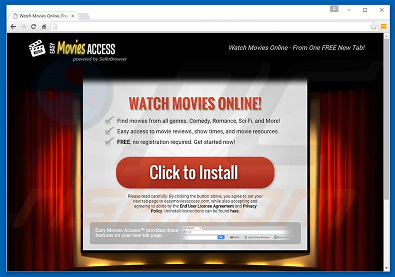 Website used to promote Easy Movies Access browser hijacker