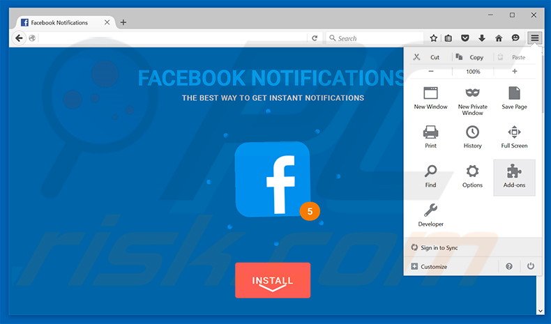 Removing Facebook Notifications ads from Mozilla Firefox step 1