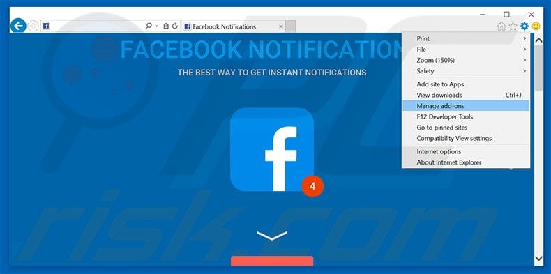 Removing Facebook Notifications ads from Internet Explorer step 1
