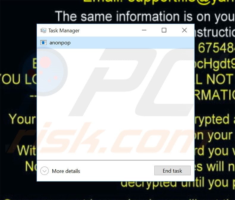 Fake Anonymous Popup ransomware in task manager