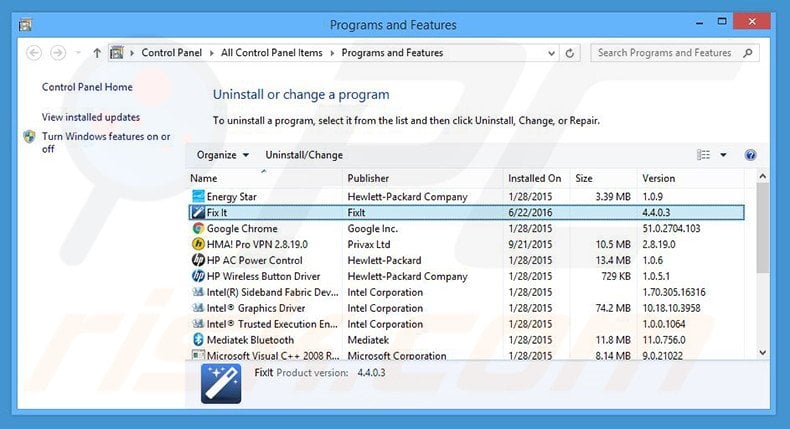 FixIt adware uninstall via Control Panel