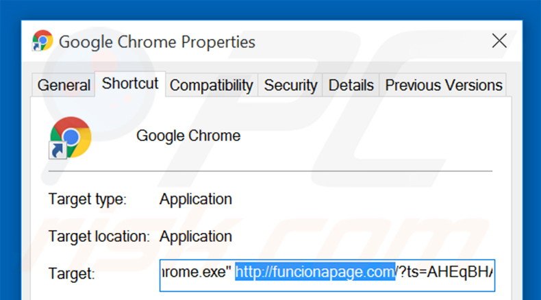 Removing funcionapage.com from Google Chrome shortcut target step 2