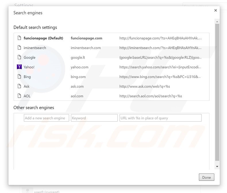 Removing funcionapage.com from Google Chrome default search engine