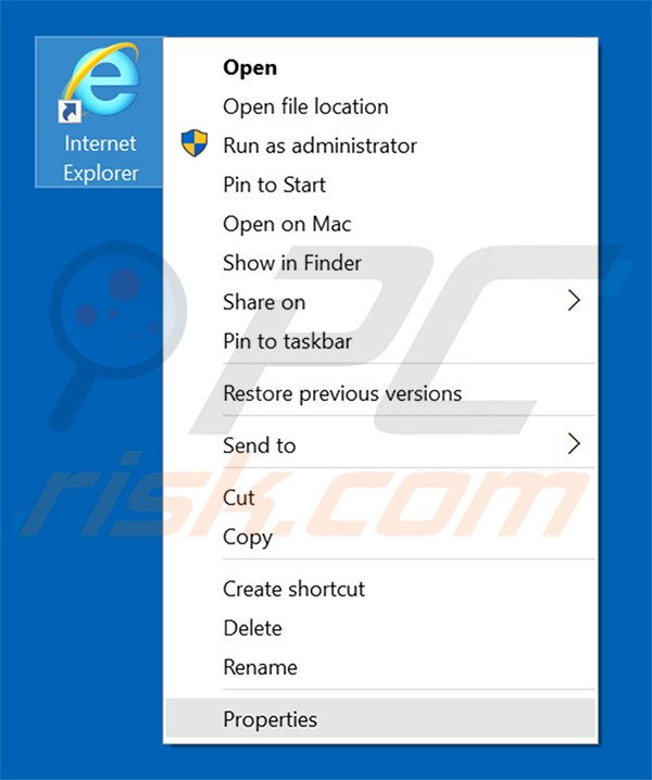 Removing funcionapage.com from Internet Explorer shortcut target step 1