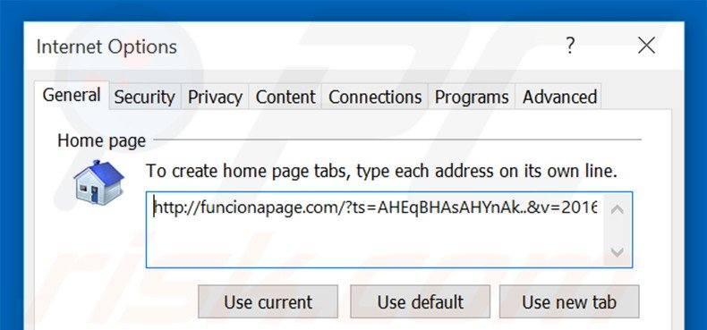 Removing funcionapage.com from Internet Explorer homepage