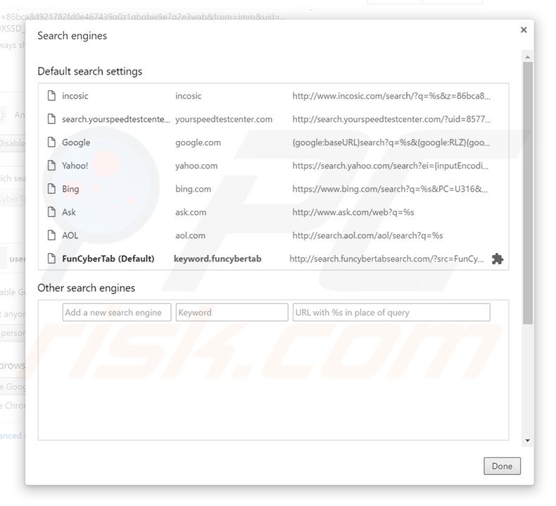 Removing search.funcybertabsearch.com from Google Chrome default search engine
