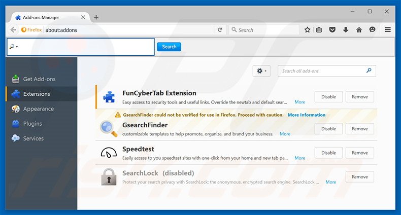 Removing search.funcybertabsearch.com related Mozilla Firefox extensions