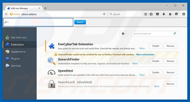 Removing search.funcybertabsearch.com related Mozilla Firefox extensions