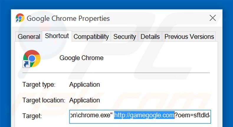 Removing gamegogle.com from Google Chrome shortcut target step 2