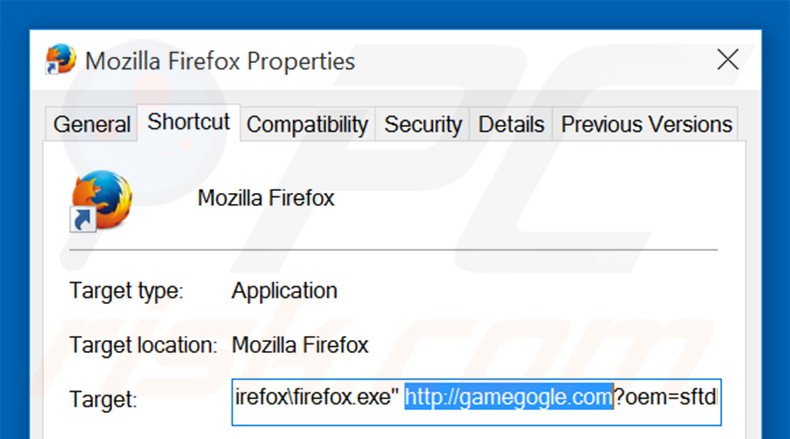 Removing gamegogle.com from Mozilla Firefox shortcut target step 2