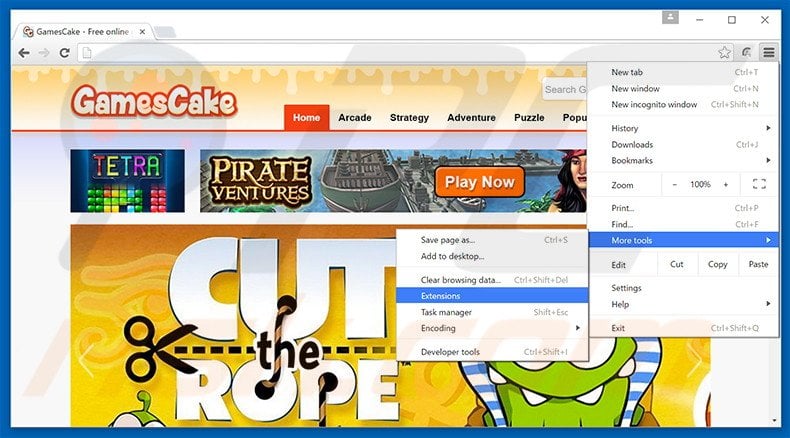 Removing GamesCake  ads from Google Chrome step 1