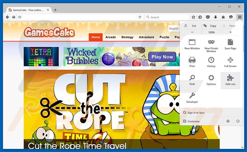 Removing GamesCake ads from Mozilla Firefox step 1