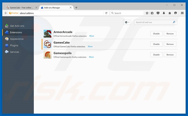Removing GamesCake ads from Mozilla Firefox step 2
