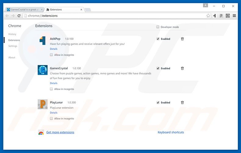 Removing GamesCrystal ads from Google Chrome step 2