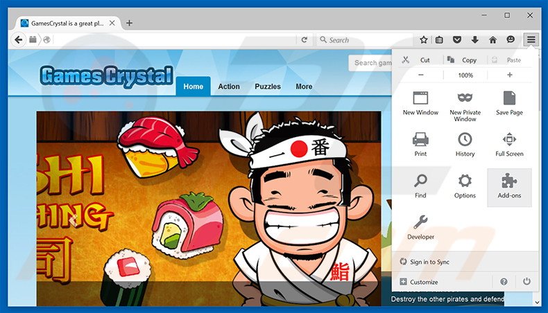 Removing GamesCrystal ads from Mozilla Firefox step 1