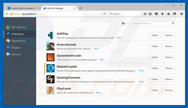 Removing GamesCrystal ads from Mozilla Firefox step 2