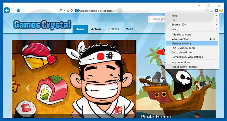 Removing GamesCrystal ads from Internet Explorer step 1