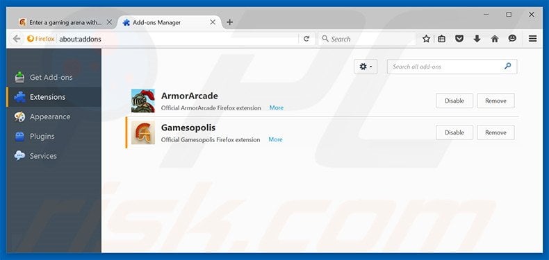 Removing Gamesopolis ads from Mozilla Firefox step 2