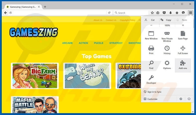 Removing GamesZing ads from Mozilla Firefox step 1