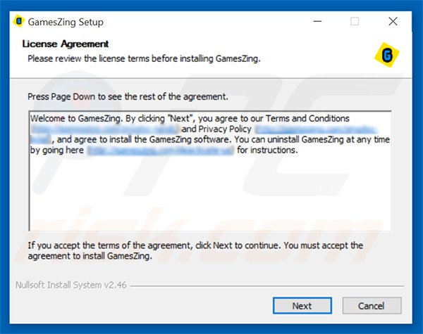 Official GamesZing adware installation setup