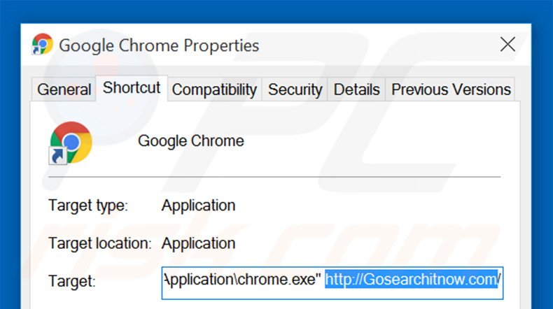 Removing gosearchitnow.com from Google Chrome shortcut target step 2