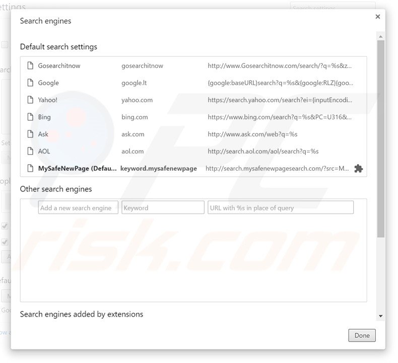 Removing gosearchitnow.com from Google Chrome default search engine