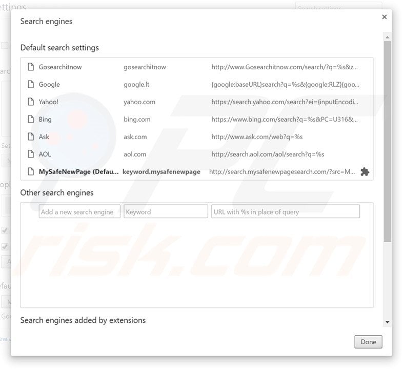 Removing gosearchitnow.com from Google Chrome default search engine