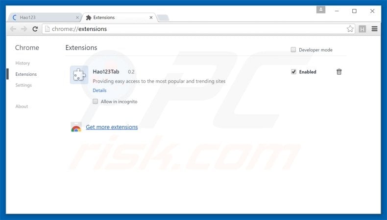 Removing hao123 extension from Google Chrome