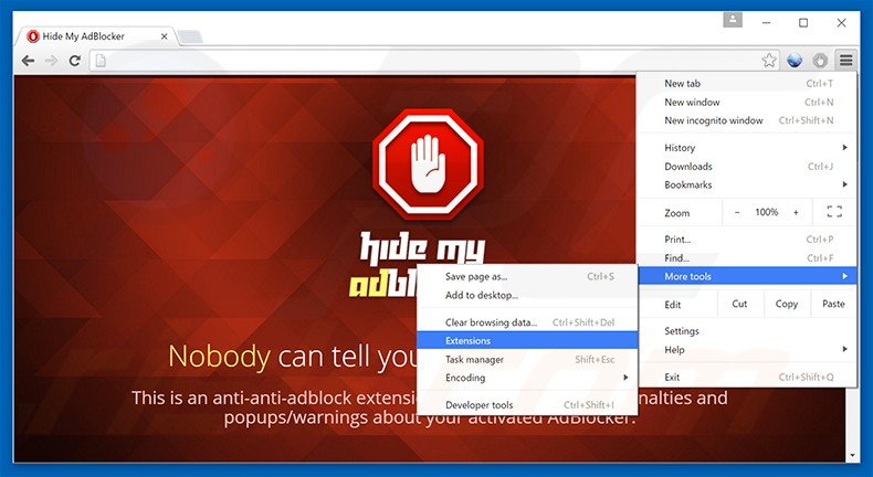 Removing Hide My AdBlocker  ads from Google Chrome step 1