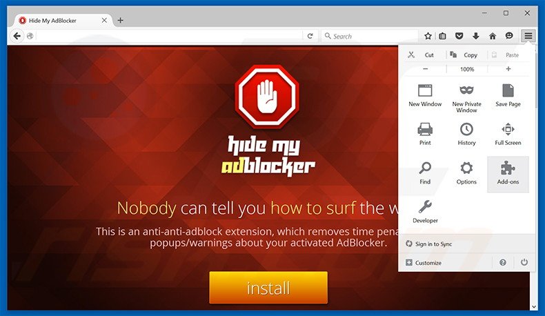 Removing Hide My AdBlocker ads from Mozilla Firefox step 1