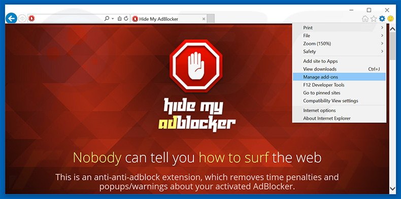 Removing Hide My AdBlocker ads from Internet Explorer step 1