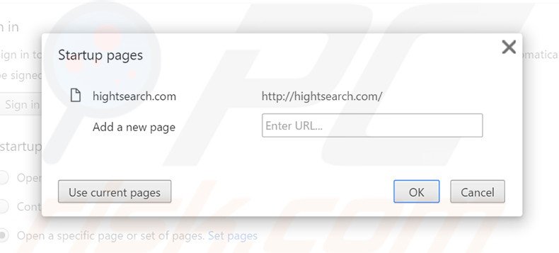 Removing hightsearch.com from Google Chrome homepage