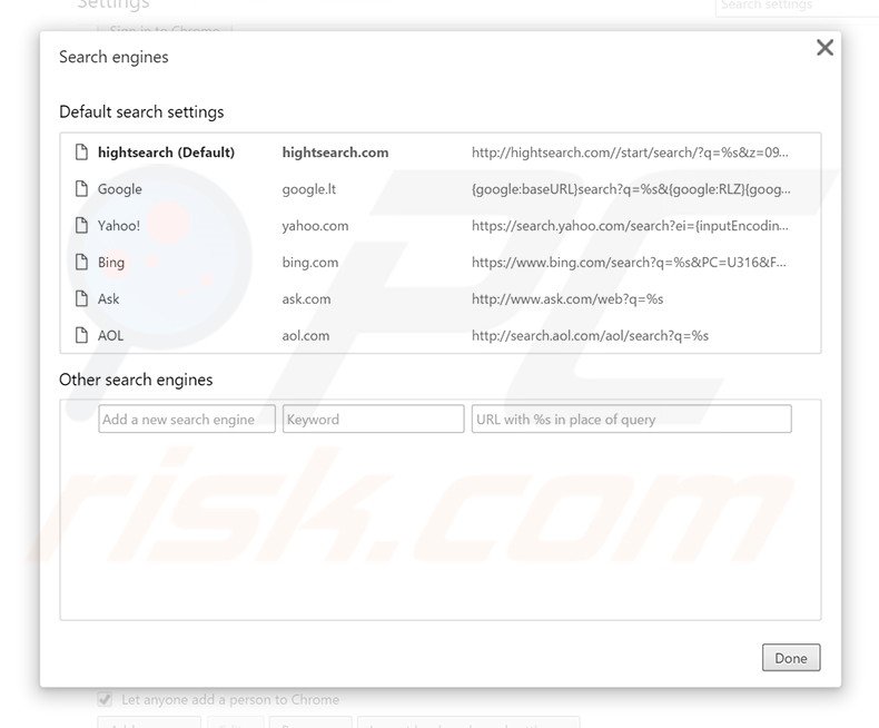 Removing hightsearch.com from Google Chrome default search engine