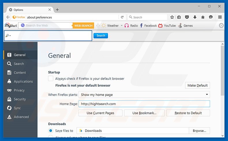 Removing hightsearch.com from Mozilla Firefox homepage