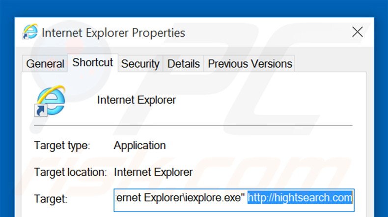 Removing hightsearch.com from Internet Explorer shortcut target step 2